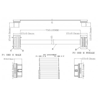 OBDII predlžovací kábel M-F - 75cm 16C