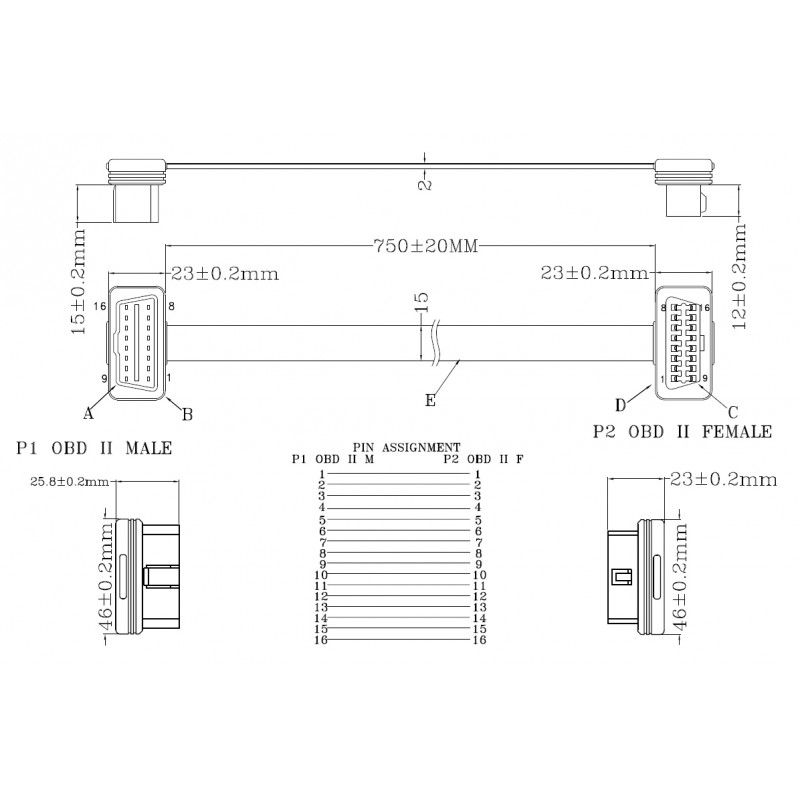 OBDII predlžovací kábel M-F - 75cm 16C