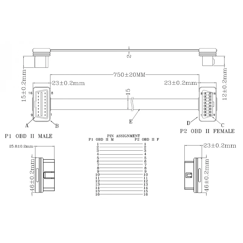 OBDII predlžovací kábel M-F - 75cm 16C